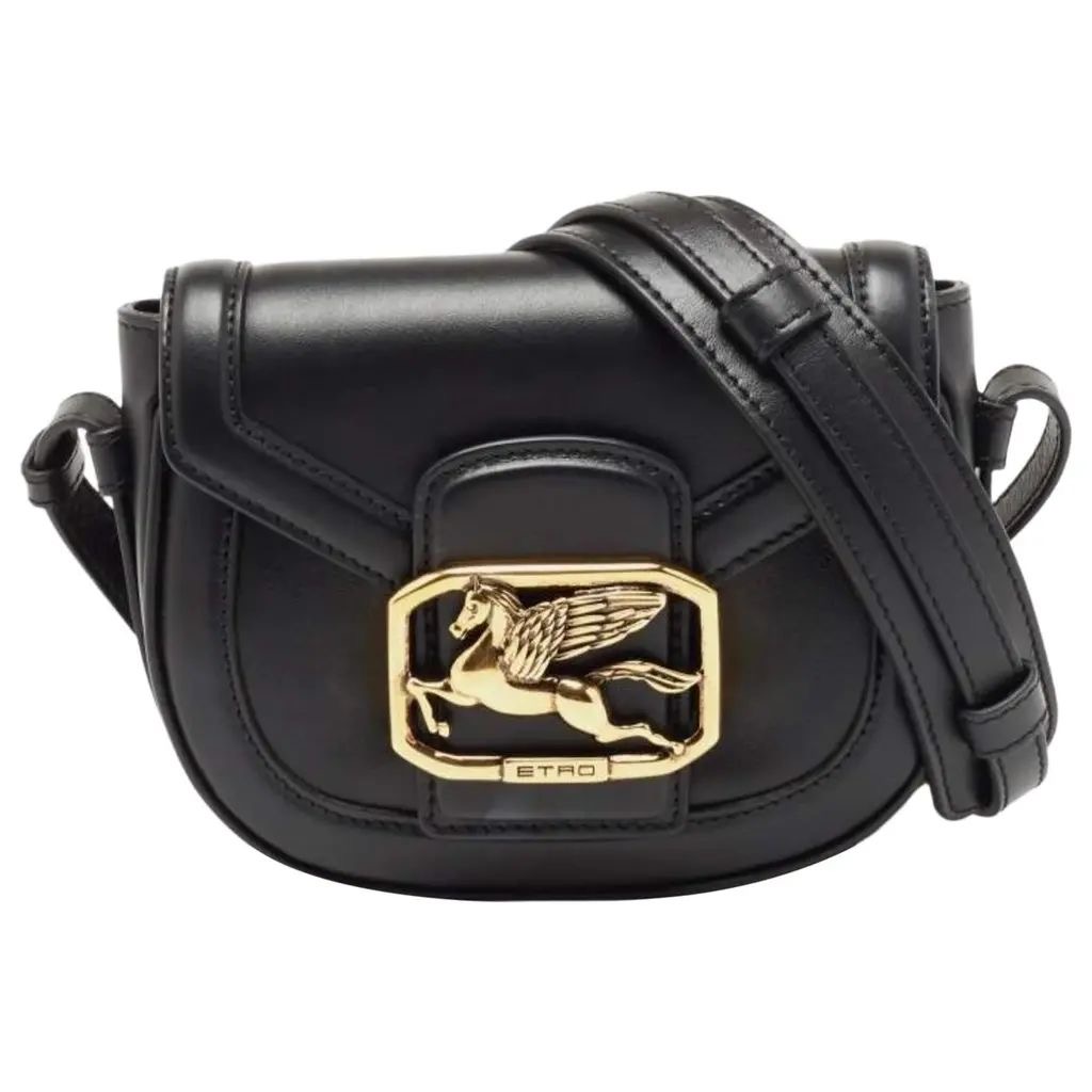 ETRO – MINI SADDLE BAG PELLE NERA CON PEGASO ORO